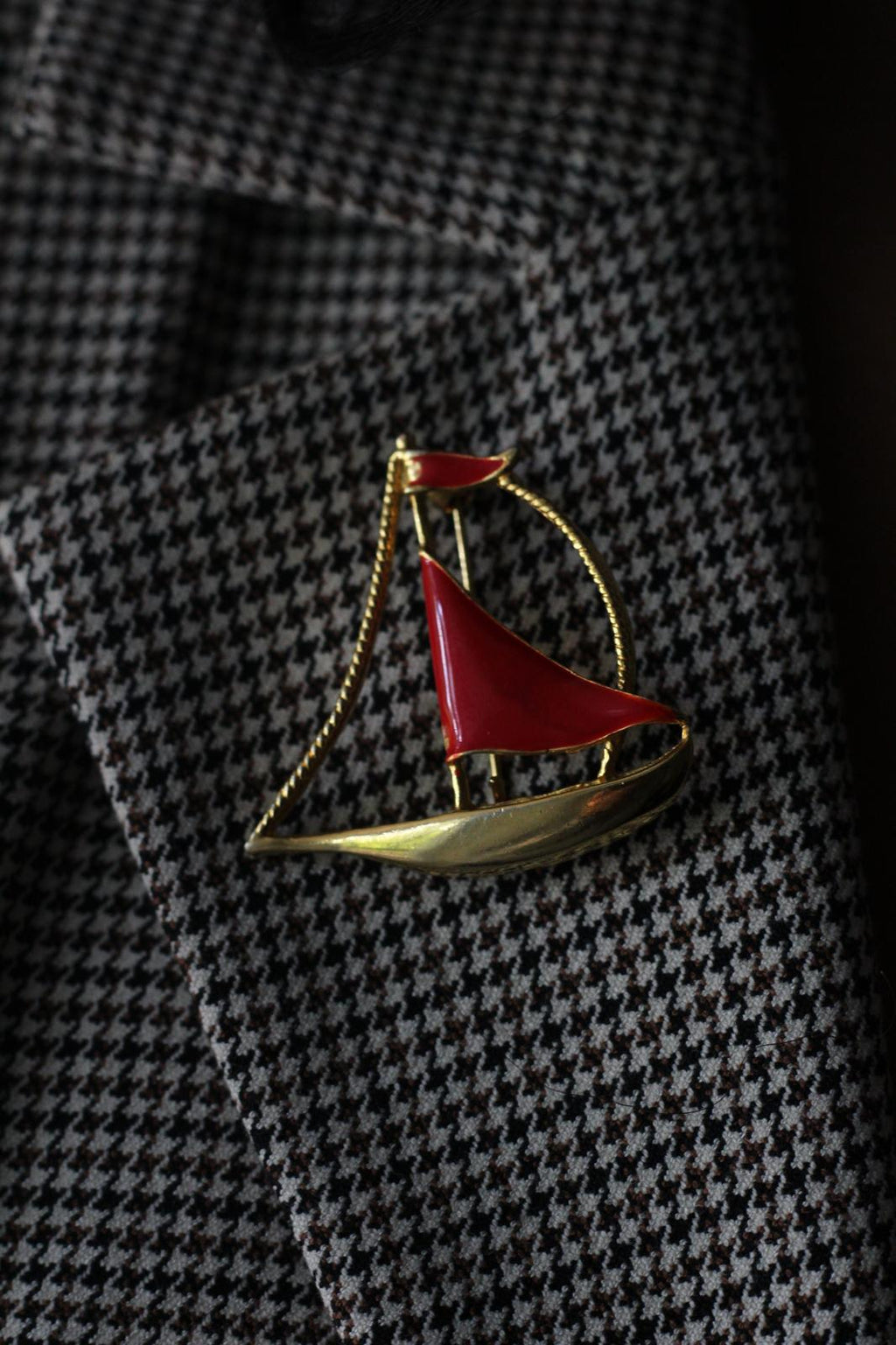 Vintage Gold Tone and Red Canoe Brooch Pin