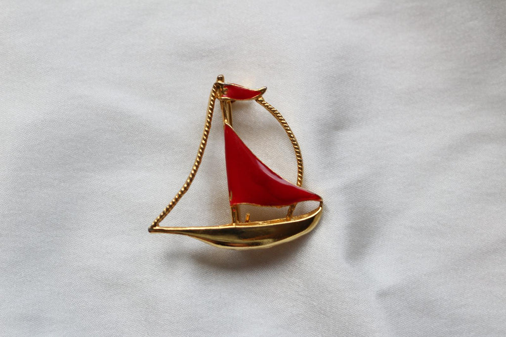 Vintage Gold Tone and Red Canoe Brooch Pin