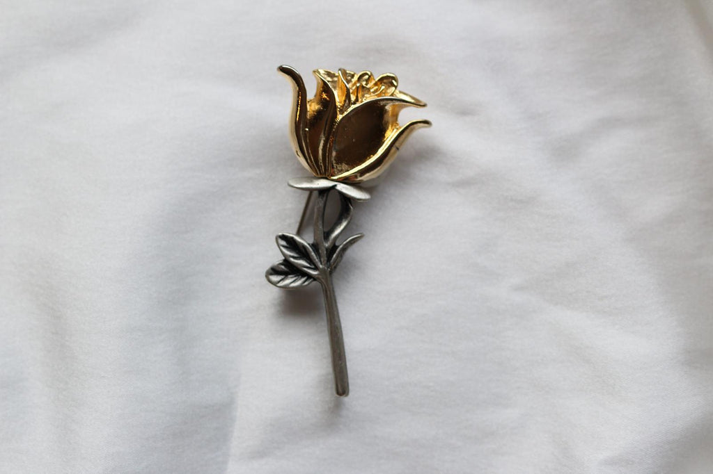 Vintage Gold Tone and Silver Tone Rose Flower Brooch Pin