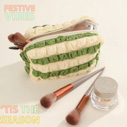 Luxury green and beige seersucker cosmetic pouch bag
